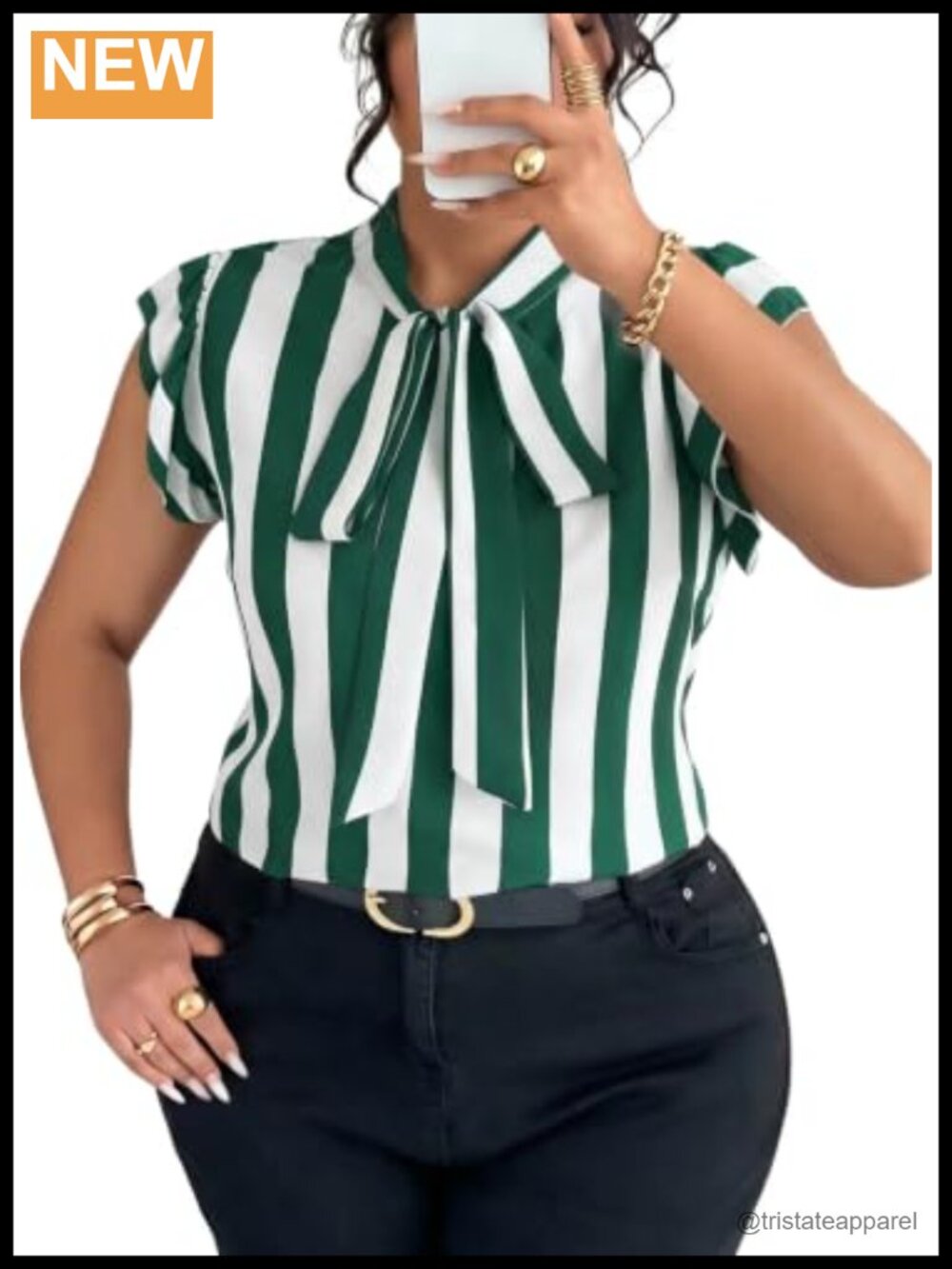 Womens Striped Tie Neck Ruffle Cap Sleeve Blouse Polyester Lightweight